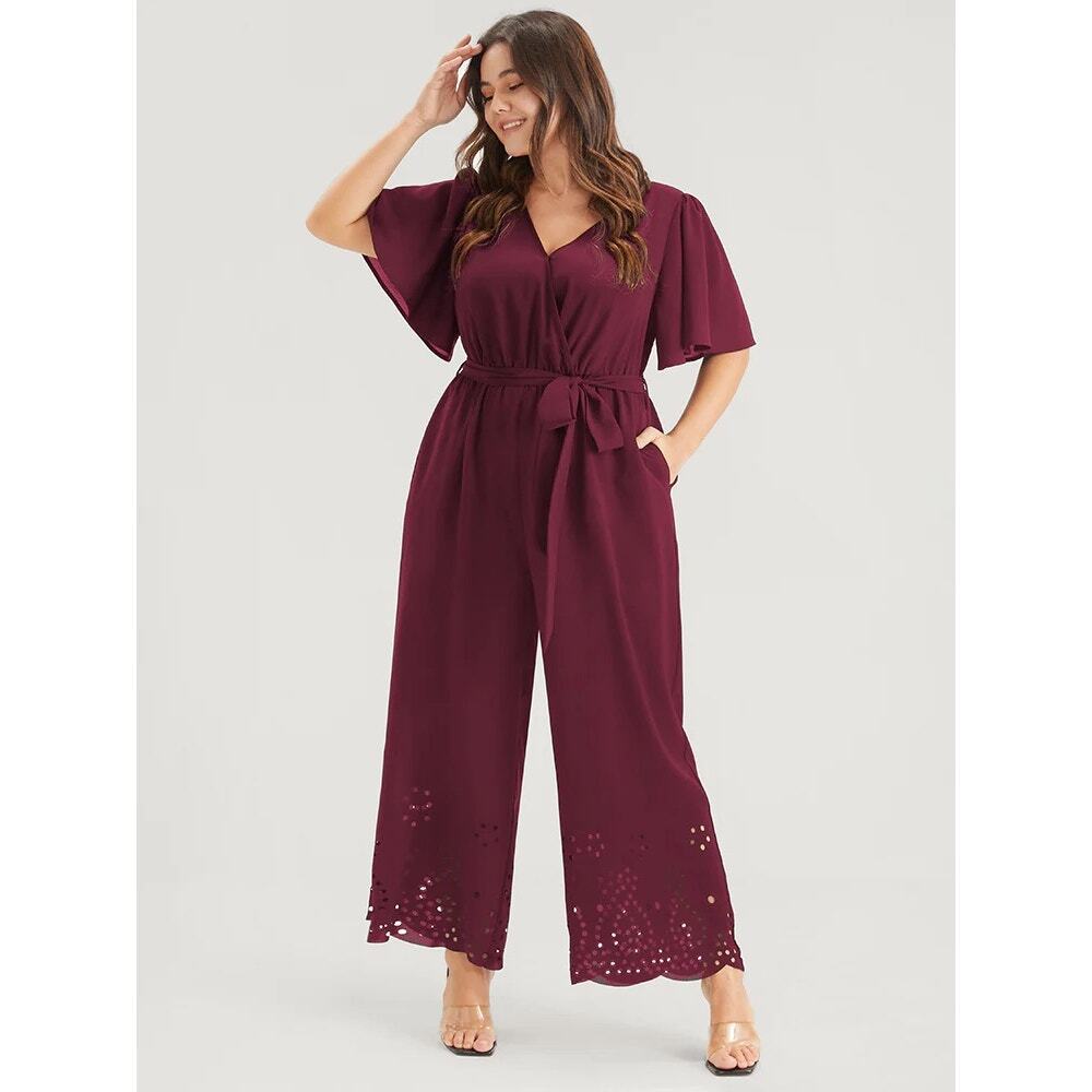 Plus Size 6X / 30 BloomChic Laser Cut Hem Shirred Wide Leg Jumpsuit with Pockets
